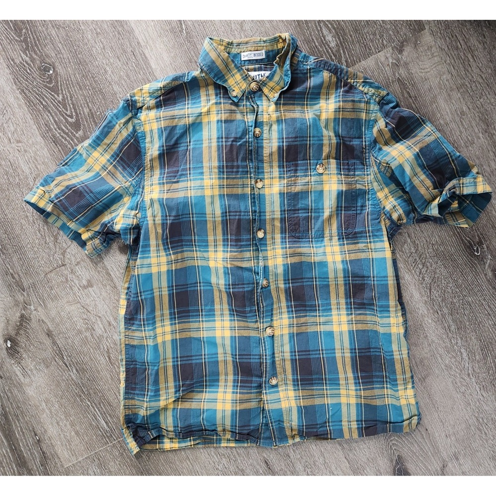 Duluth Trading Co Untucked Shirt Mens Small Relaxed Fit Plaid Short Sleeve Blue